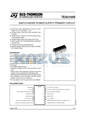 TEA2164S datasheet - SWITCH MODE POWER SUPPLY PRIMARY CIRCUIT