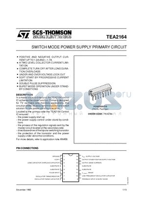 TEA2164 datasheet - SWITCH MODE POWER SUPPLY PRIMARY CIRCUIT