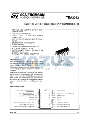 TEA2262 datasheet - SWITCH MODE POWER SUPPLY CONTROLLER