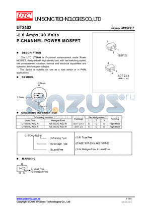 UT3403L-AE3-R datasheet - -2.6 Amps, 30 Volts P-CHANNEL POWER MOSFET