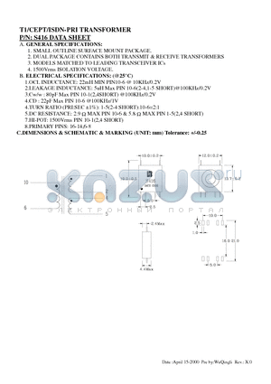 S416 datasheet - T1/CEPT/ISDN-PRI TRANSFORMER