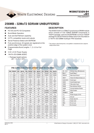 W3DG7232V10JD1 datasheet - 256MB - 32Mx72 SDRAM UNBUFFERED