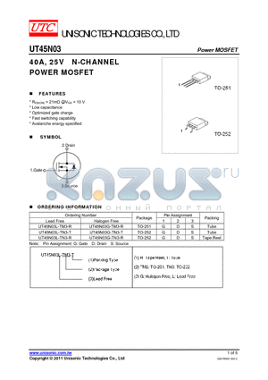 UT45N03L-TN3-R datasheet - 40A, 25V N-CHANNEL POWER MOSFET