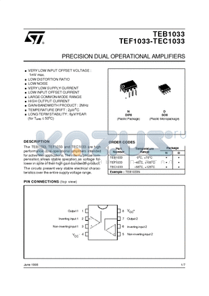 TEF1033N datasheet - PRECISION DUAL OPERATIONAL AMPLIFIERS
