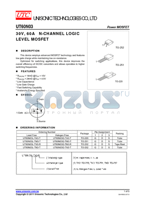 UT60N03G-TN3-R datasheet - 30V, 60A N-CHANNEL LOGIC LEVEL MOSFET