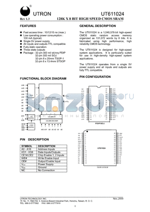 UT611024LC-10 datasheet - 128K X 8BIT HIGH SPEED CMOS SRAM