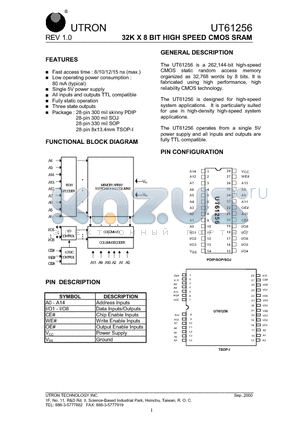 UT61256JC-15 datasheet - 32K X 8 BIT HIGH SPEED CMOS SRAM