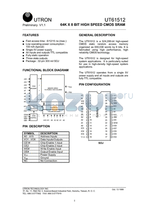 UT61512-8 datasheet - 64K X 8 BIT HIGH SPEED CMOS SRAM