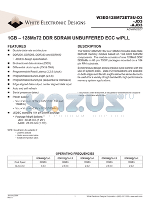 W3EG128M72ETSU-D3 datasheet - 1GB - 128Mx72 DDR SDRAM UNBUFFERED ECC w/PLL