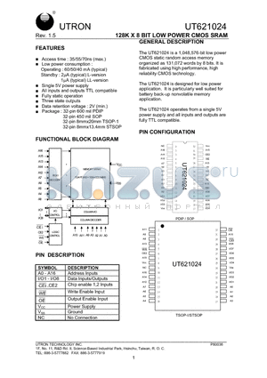 UT621024PC-70L datasheet - 128K X 8 BIT LOW POWER CMOS SRAM