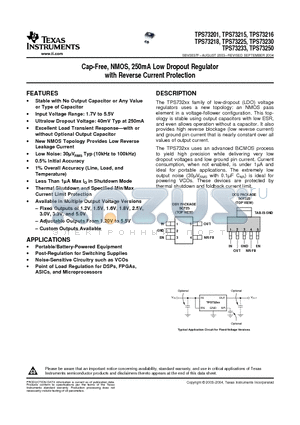 TPS73201DBVT datasheet - Cap-Free, NMOS, 250mA Low Dropout Regulator with Reverse Current Protection