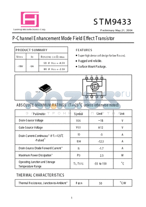 STM9433 datasheet - P-Channel E nhancement Mode Field Effect Transistor