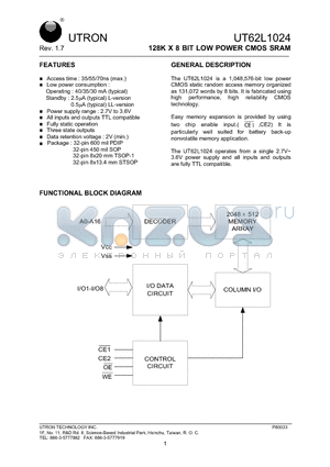 UT62L1024PC-35L datasheet - 128K X 8 BIT LOW POWER CMOS SRAM