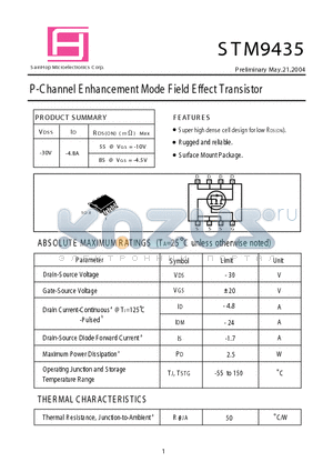 STM9435 datasheet - P -Channel E nhancement Mode F ield E ffect Transistor