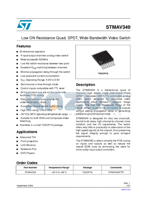 STMAV340 datasheet - Low ON Resistance Quad, SPDT, Wide-Bandwidth Video Switch