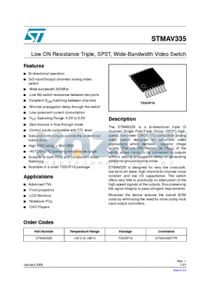 STMAV335 datasheet - Low ON Resistance Triple, SP3T, Wide-Bandwidth Video Switch