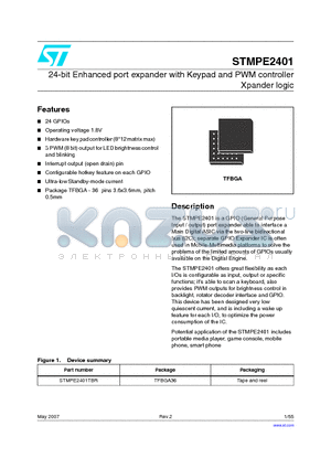 STMPE2401 datasheet - 24-bit Enhanced port expander with Keypad and PWM controller Xpander logic
