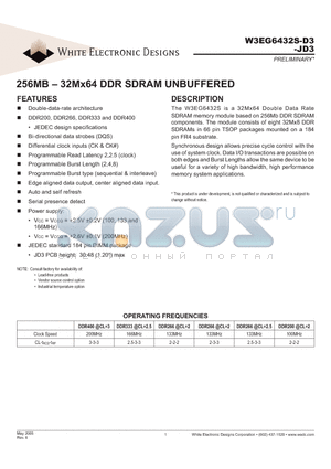 W3EG6432S262D3 datasheet - 256MB - 32Mx64 DDR SDRAM UNBUFFERED