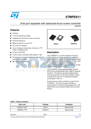 STMPE811 datasheet - 8-bit port expander with advanced touch screen controller
