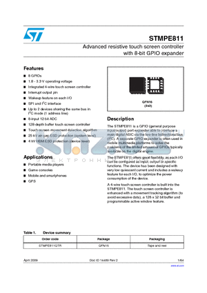 STMPE811_09 datasheet - Advanced resistive touch screen controller with 8-bit GPIO expander