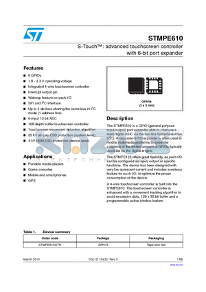 STMPE610 datasheet - S-Touch: advanced touchscreen controller with 6-bit port expander