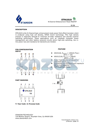 STN1810 datasheet - STN1810 is the N-Channel logic enhancement mode power field effect transistor which is produced using high cell density, DMOS trench technology.