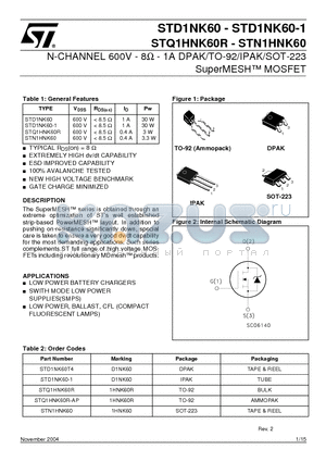 STN1HNK60 datasheet - N-CHANNEL 600V - 8-ohm - 1A DPAK/TO-92/IPAK/SOT-223 SuperMESH-TM MOSFET