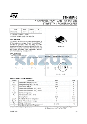 STN1NF10 datasheet - N-CHANNEL 100V - 0.7ohm - 1A SOT-223 STripFET II POWER MOSFET