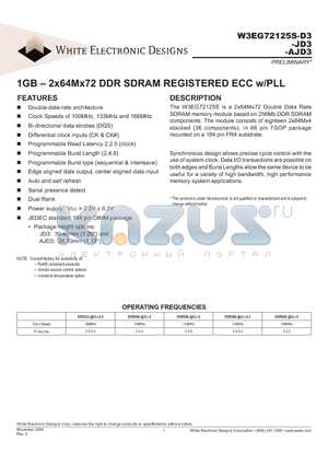W3EG72125S263AJD3 datasheet - 1GB - 2x64Mx72 DDR SDRAM REGISTERED ECC w/PLL