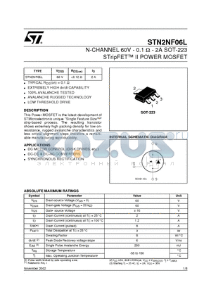 STN2NF06L datasheet - N-CHANNEL 60V - 0.1 ohm - 2A SOT-223 STripFET II POWER MOSFET