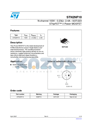 STN2NF10_07 datasheet - N-channel 100V - 0.23Y - 2.4A - SOT-223 STripFET II Power MOSFET