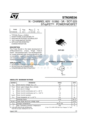 STN3NE06 datasheet - N - CHANNEL 60V - 0.08ohm- 3A - SOT-223 STripFET POWER MOSFET