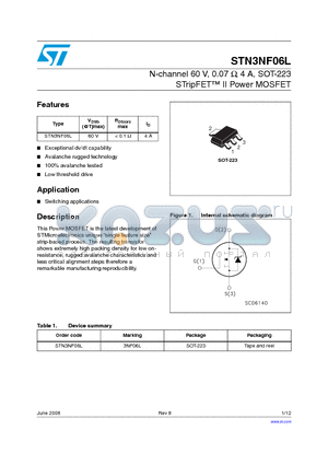 STN3NF06L_08 datasheet - N-channel 60 V, 0.07 Y, 4 A, SOT-223 STripFET II Power MOSFET