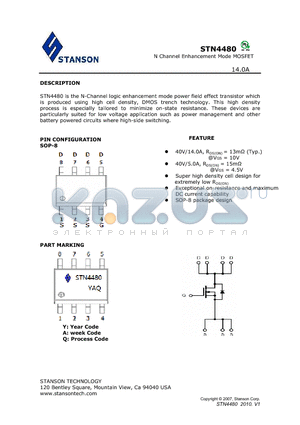 STN4480 datasheet - STN4480 is the N-Channel logic enhancement mode power field effect transistor which is produced using high cell density, DMOS trench technology.