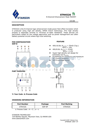 STN4526 datasheet - STN4526 is the N-Channel logic enhancement mode power field effect transistor which is produced using high cell density, DMOS trench technology.