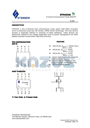 STN4546 datasheet - STN4526 is the N-Channel logic enhancement mode power field effect transistor which is produced using high cell density, DMOS trench technology.