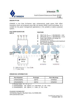 STN4920S8TG datasheet - Dual N Channel Enhancement Mode MOSFET