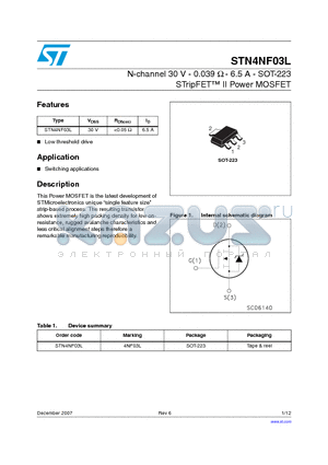 STN4NF03L datasheet - N-channel 30 V - 0.039 Y - 6.5 A - SOT-223 STripFET II Power MOSFET