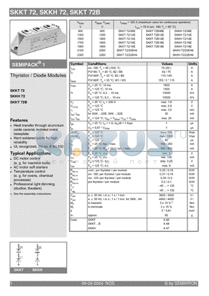 SKKT72/08E datasheet - Thyristor / Diode Modules