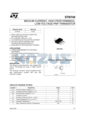 STN749 datasheet - MEDIUM CURRENT, HIGH PERFORMANCE, LOW VOLTAGE PNP TRANSISTOR