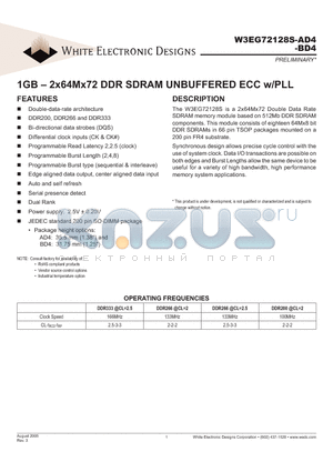 W3EG72128S265BD4-XG datasheet - 1GB - 2x64Mx72 DDR SDRAM UNBUFFERED ECC w/PLL