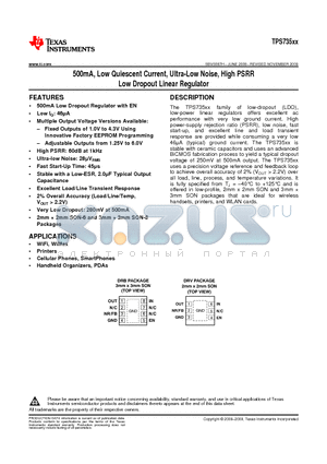 TPS73501DRBR datasheet - 500mA, Low Quiescent Current, Ultra-Low Noise, High PSRR Low Dropout Linear Regulator