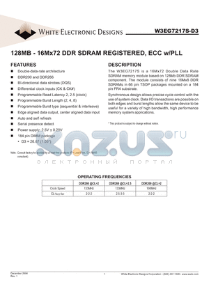 W3EG7217S265D3 datasheet - 128MB - 16Mx72 DDR SDRAM REGISTERED, ECC w/PLL
