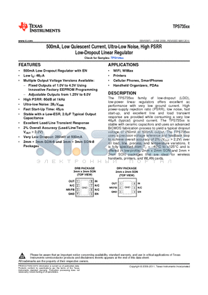 TPS73515DRBT datasheet - 500mA, Low Quiescent Current, Ultra-Low Noise, High PSRR Low-Dropout Linear Regulator