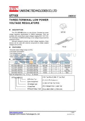 UT71XXL-T92-C-B datasheet - THREE-TERMINAL LOW POWER VOLTAGE REGULATORS
