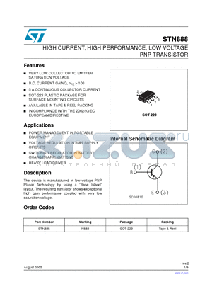 STN888 datasheet - HIGH CURRENT, HIGH PERFORMANCE, LOW VOLTAGE PNP TRANSISTOR
