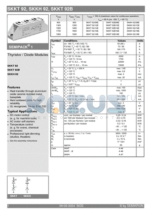 SKKT92B12E datasheet - Thyristor / Diode Modules