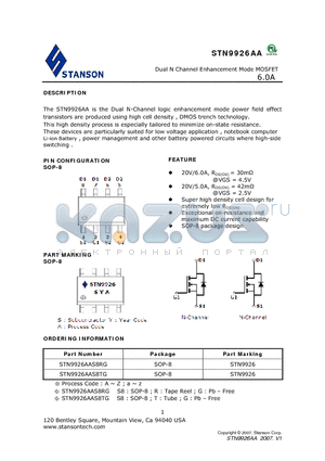 STN9926AA datasheet - The STN9926AA is the Dual N-Channel logic enhancement mode power field effect transistors are produced using high cell density , DMOS trench technology.