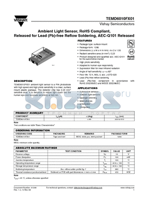 TEMD6010FX01 datasheet - Ambient Light Sensor, RoHS Compliant, Released for Lead (Pb)-free Reflow Soldering, AEC-Q101 Released