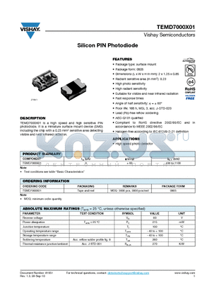 TEMD7000X01 datasheet - Silicon PIN Photodiode